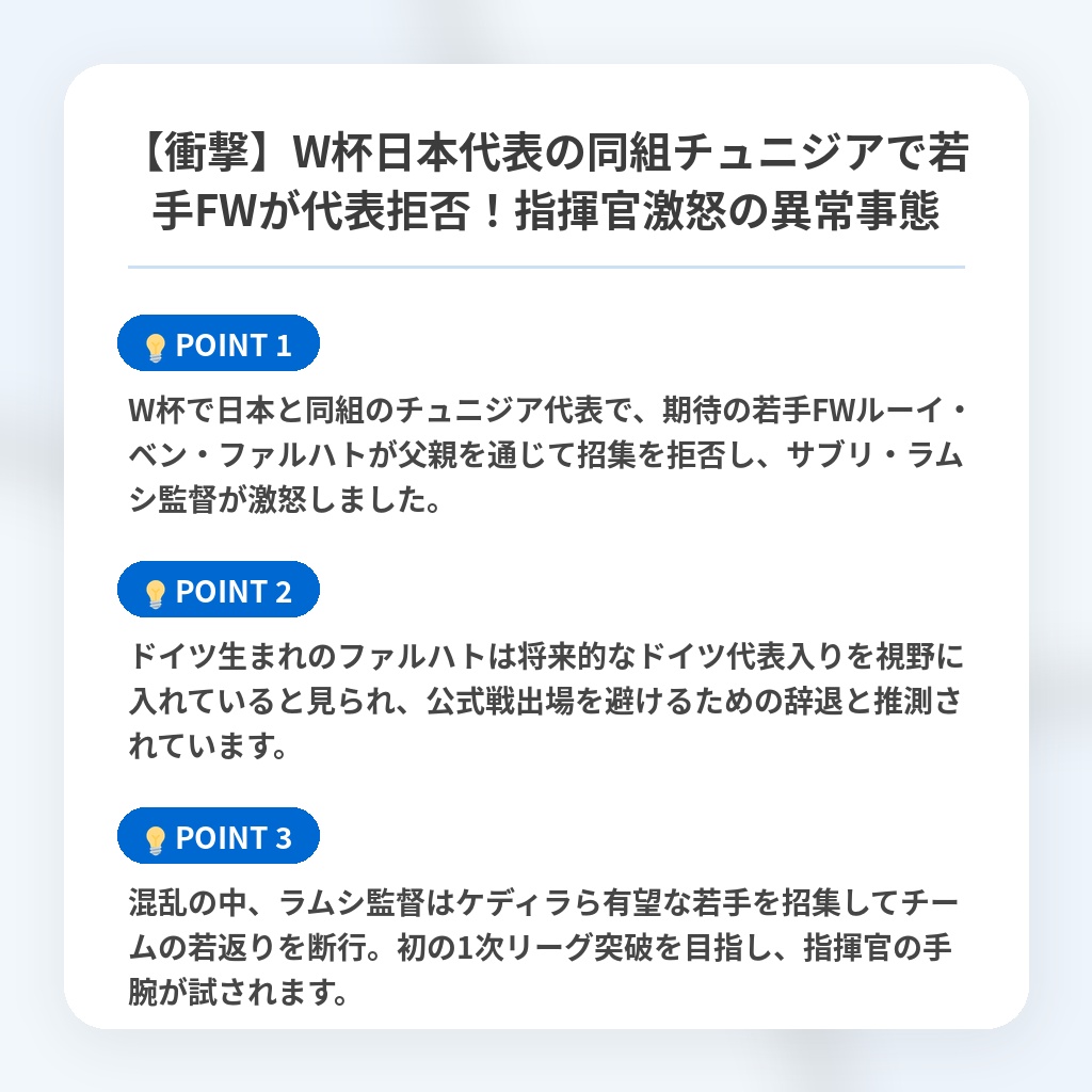 【衝撃】W杯日本代表の同組チュニジアで若手FWが代表拒否!指揮官激怒の異常事態の注目ポイントまとめ