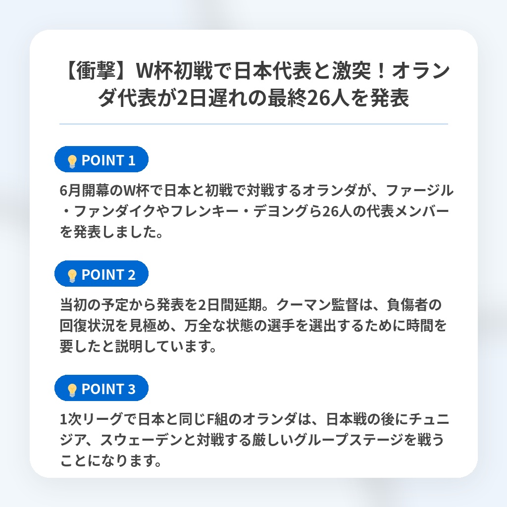【衝撃】W杯初戦で日本代表と激突!オランダ代表が2日遅れの最終26人を発表の注目ポイントまとめ
