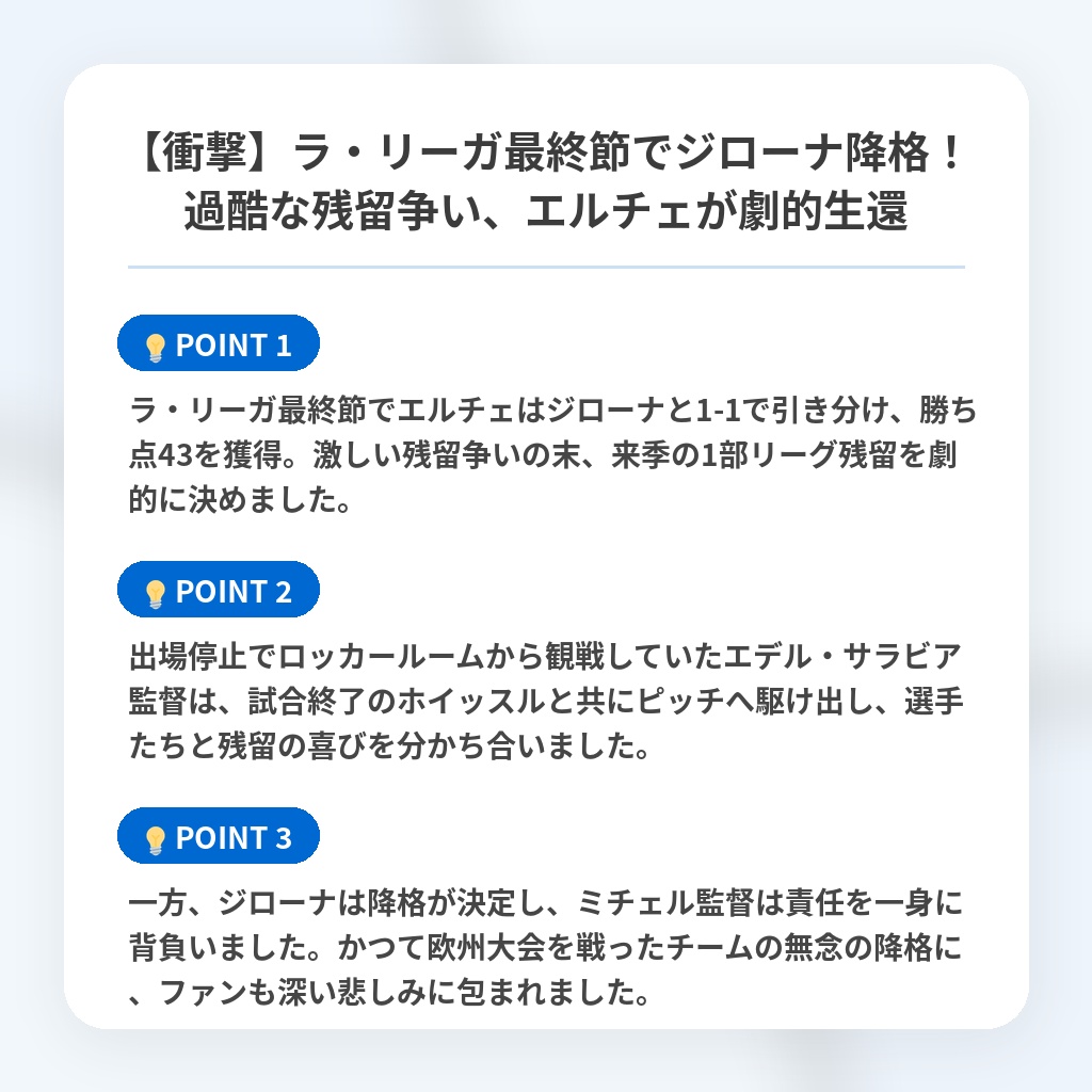 【衝撃】ラ・リーガ最終節でジローナ降格!過酷な残留争い、エルチェが劇的生還の注目ポイントまとめ