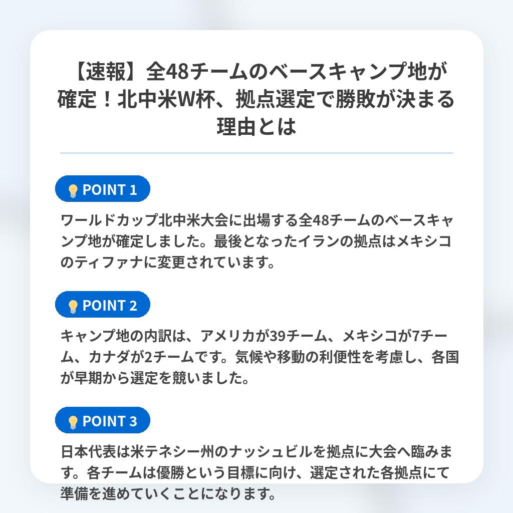 【速報】全48チームのベースキャンプ地が確定!北中米W杯、拠点選定で勝敗が決まる理由とはの注目ポイントまとめ