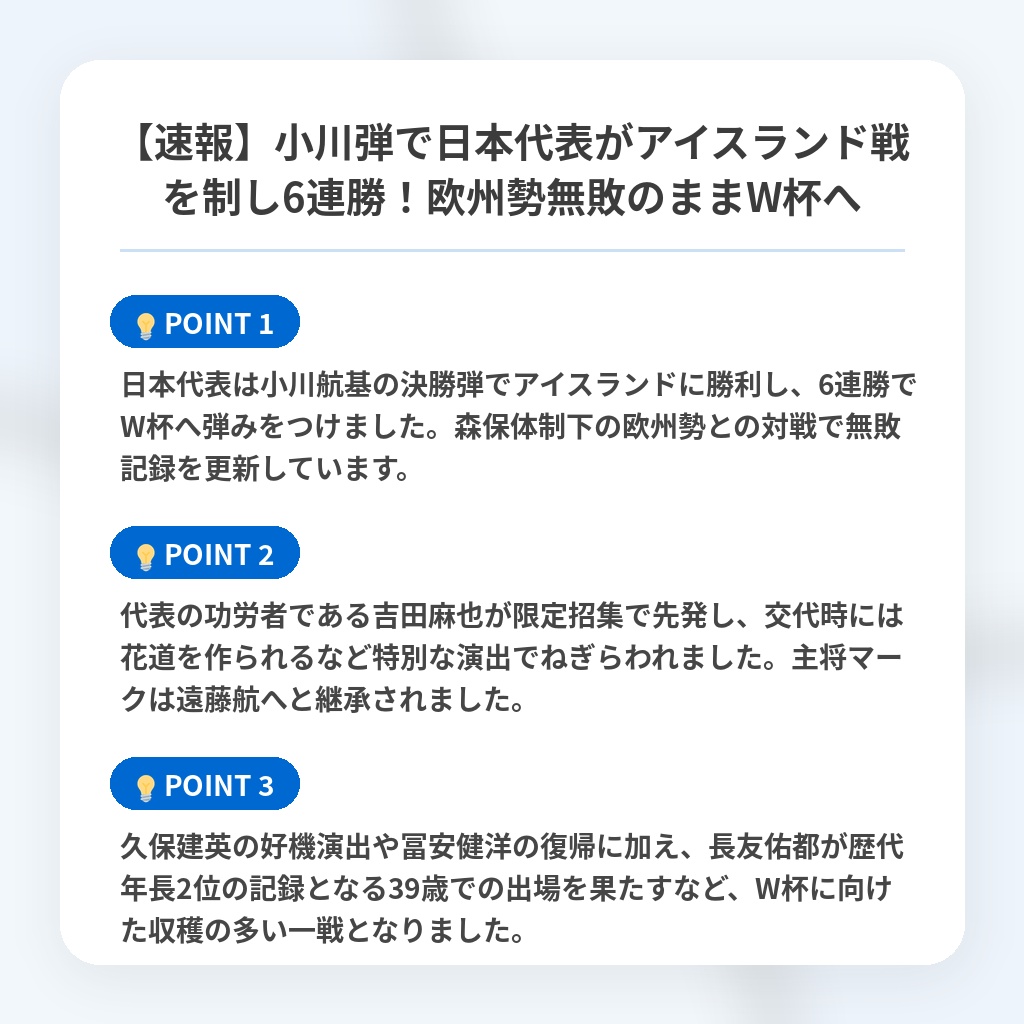 【速報】小川弾で日本代表がアイスランド戦を制し6連勝!欧州勢無敗のままW杯への注目ポイントまとめ