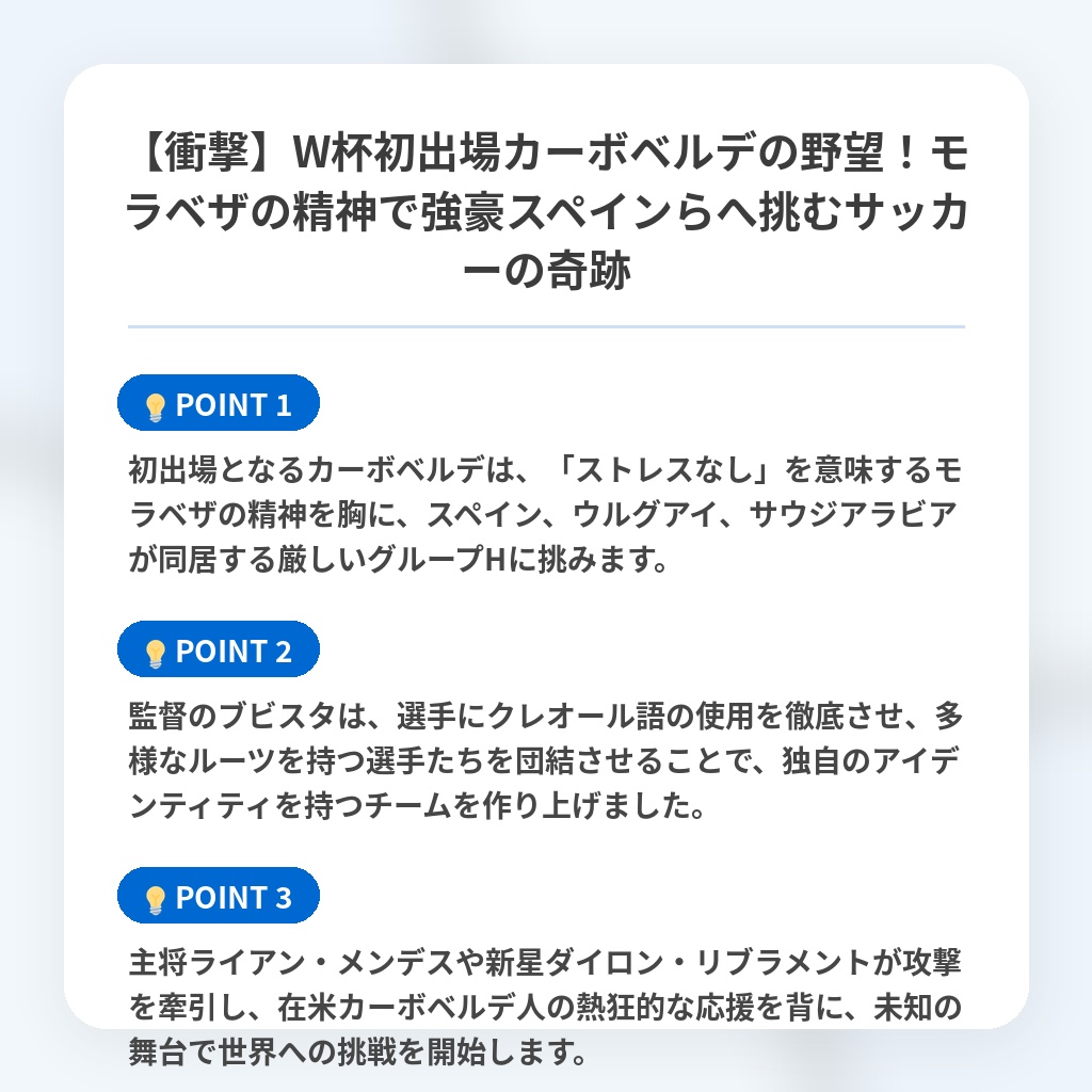 【衝撃】W杯初出場カーボベルデの野望！モラベザの精神で強豪スペインらへ挑むサッカーの奇跡の注目ポイントまとめ