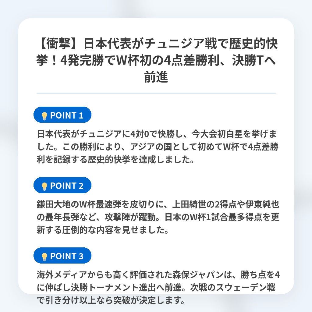 【衝撃】日本代表がチュニジア戦で歴史的快挙!4発完勝でW杯初の4点差勝利、決勝Tへ前進の注目ポイントまとめ