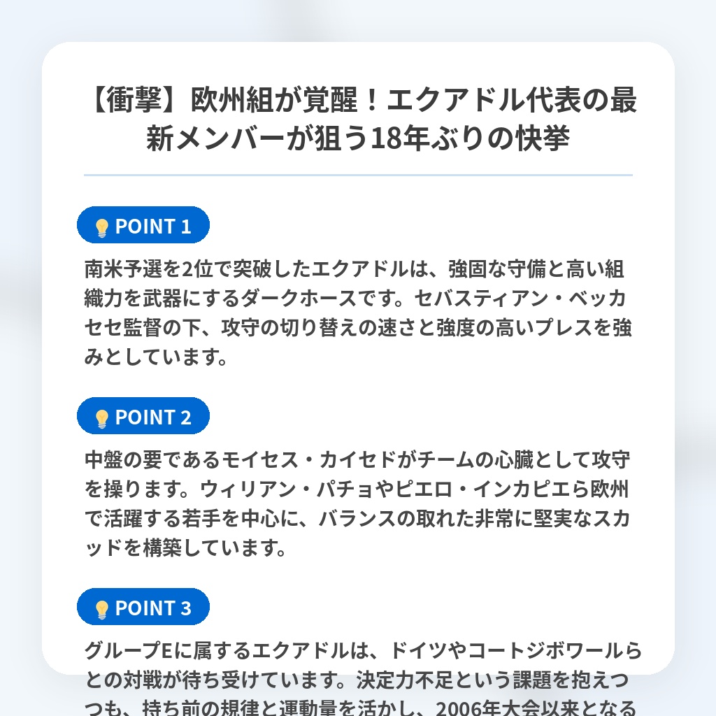 【衝撃】欧州組が覚醒！エクアドル代表の最新メンバーが狙う18年ぶりの快挙の注目ポイントまとめ