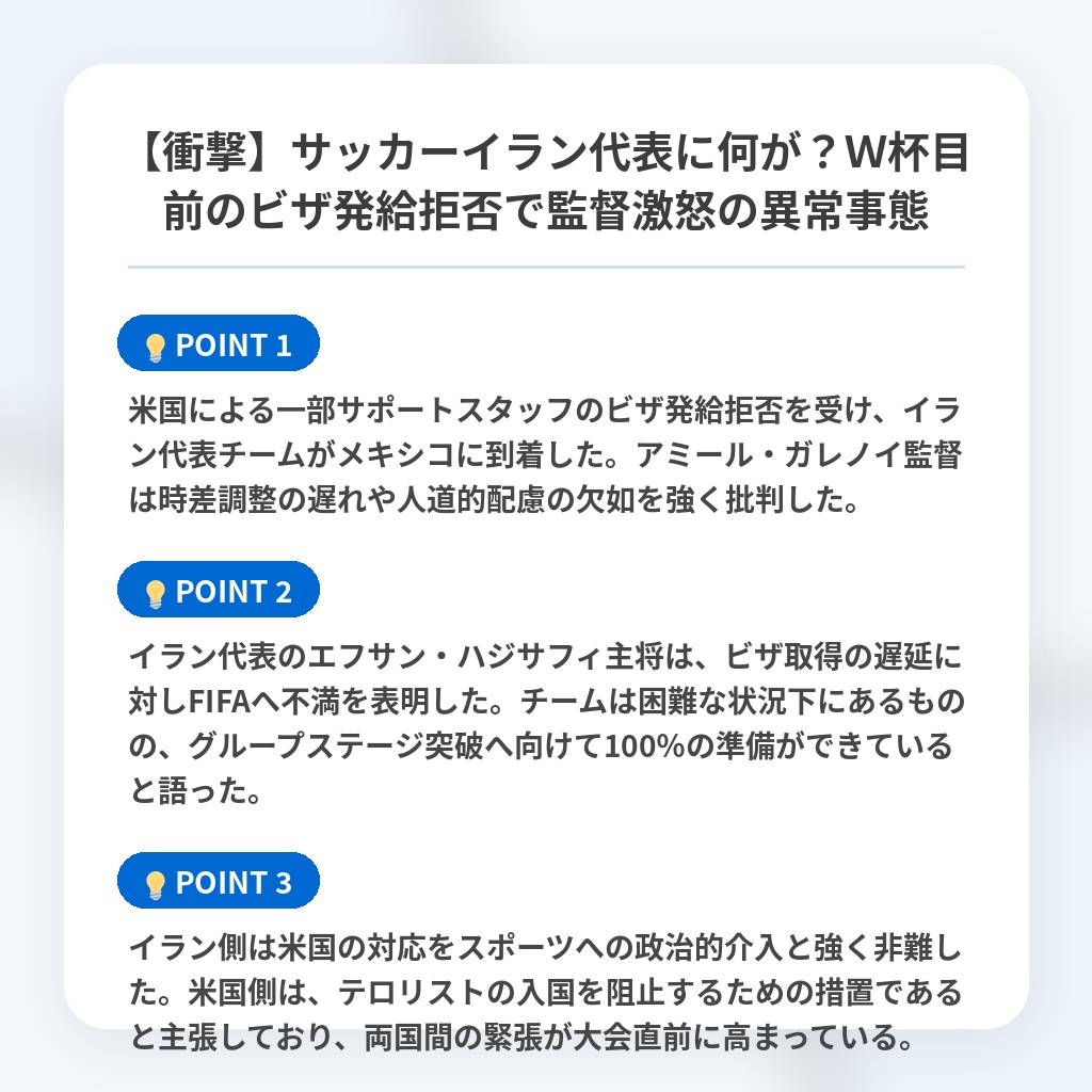 【衝撃】サッカーイラン代表に何が?W杯目前のビザ発給拒否で監督激怒の異常事態の注目ポイントまとめ