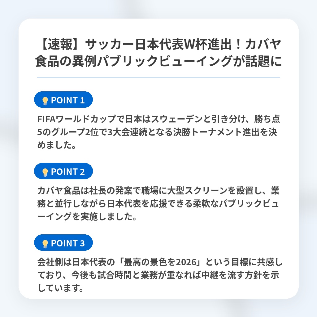【速報】サッカー日本代表W杯進出！カバヤ食品の異例パブリックビューイングが話題にの注目ポイントまとめ