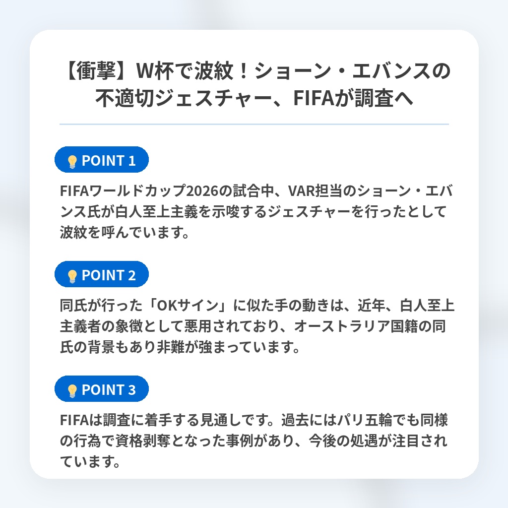 【衝撃】W杯で波紋!ショーン・エバンスの不適切ジェスチャー、FIFAが調査への注目ポイントまとめ