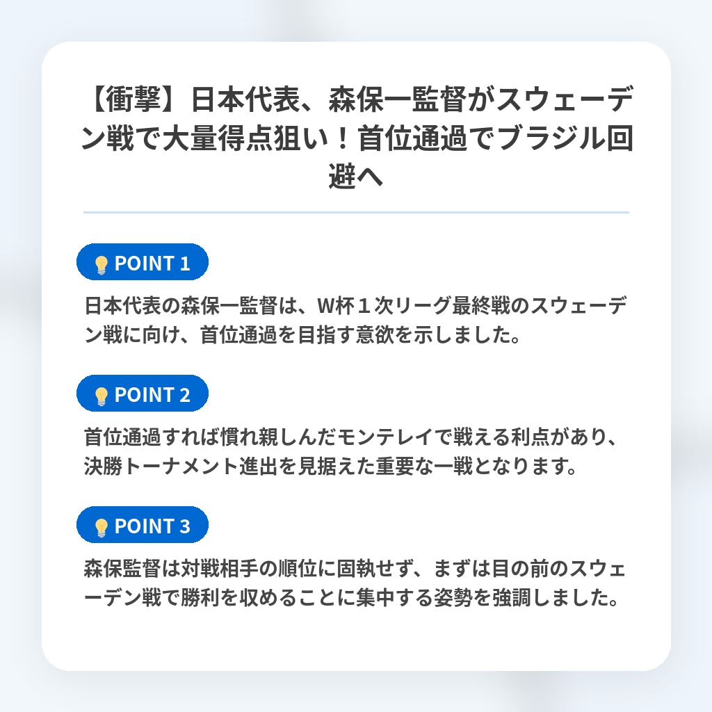 【衝撃】日本代表、森保一監督がスウェーデン戦で大量得点狙い！首位通過でブラジル回避への注目ポイントまとめ