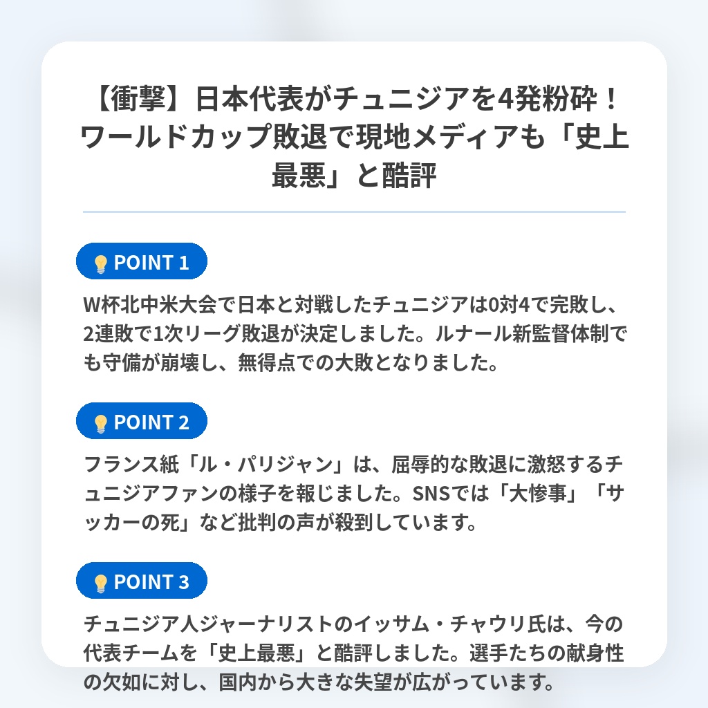 【衝撃】日本代表がチュニジアを4発粉砕!ワールドカップ敗退で現地メディアも「史上最悪」と酷評の注目ポイントまとめ