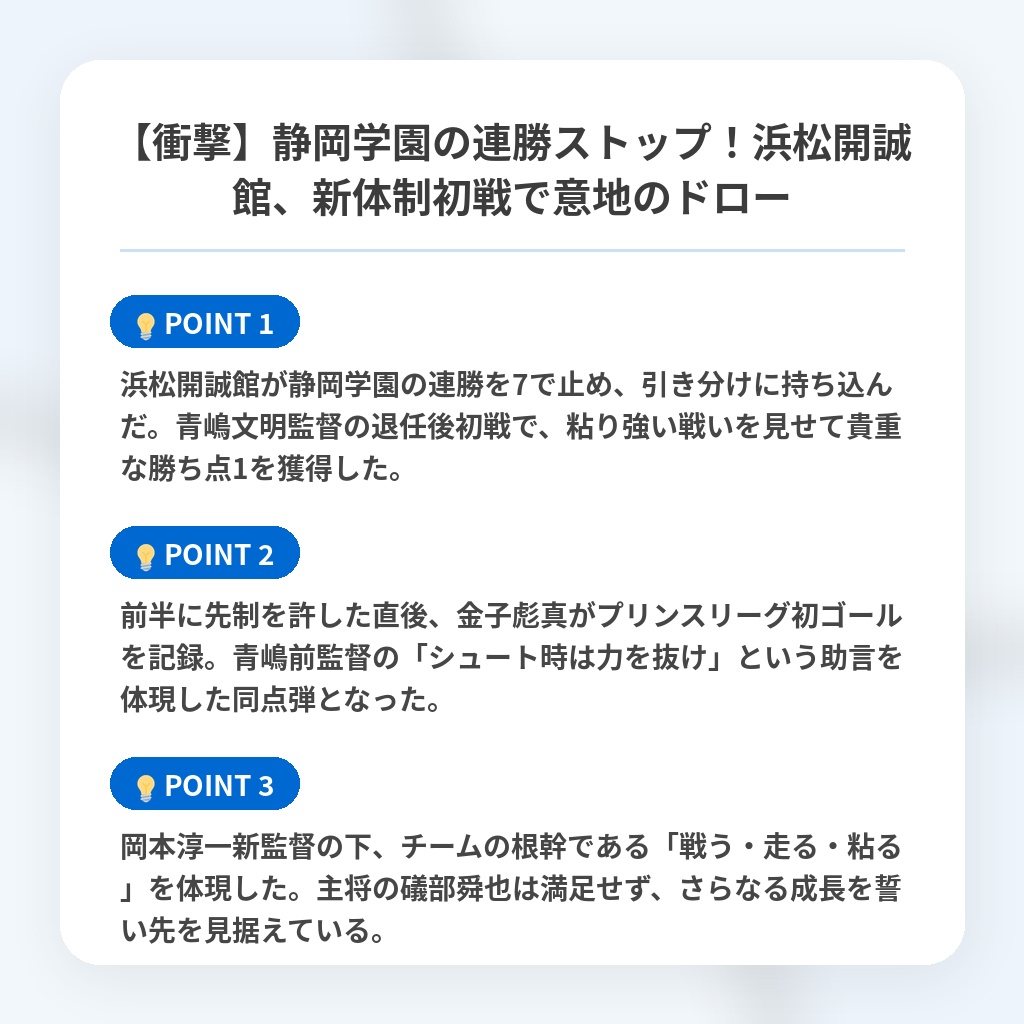 【衝撃】静岡学園の連勝ストップ!浜松開誠館、新体制初戦で意地のドローの注目ポイントまとめ
