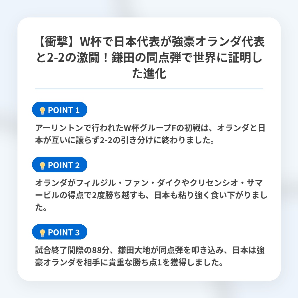 【衝撃】W杯で日本代表が強豪オランダ代表と2-2の激闘!鎌田の同点弾で世界に証明した進化の注目ポイントまとめ