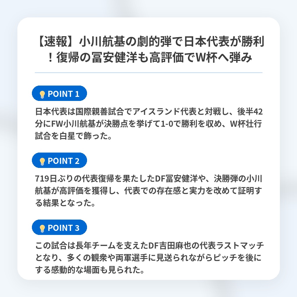 【速報】小川航基の劇的弾で日本代表が勝利！復帰の冨安健洋も高評価でW杯へ弾みの注目ポイントまとめ