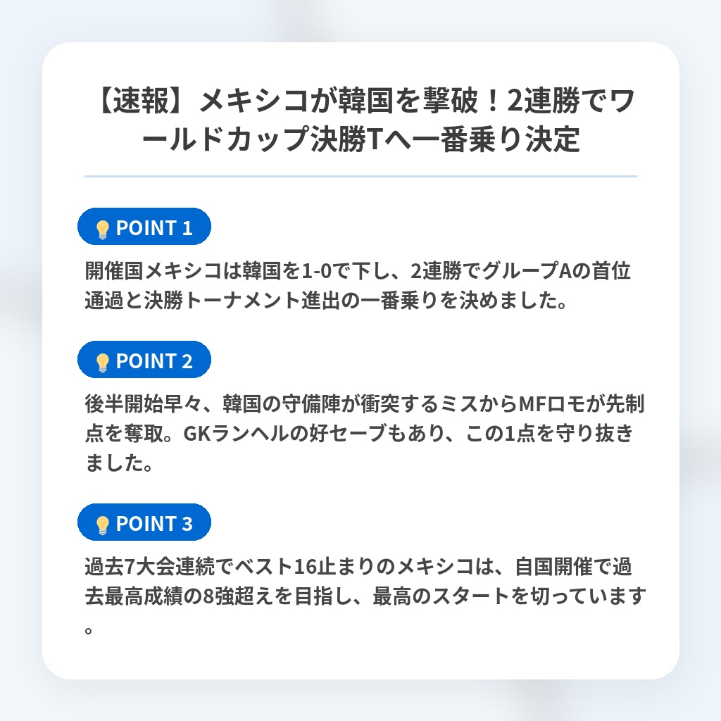 【速報】メキシコが韓国を撃破!2連勝でワールドカップ決勝Tへ一番乗り決定の注目ポイントまとめ