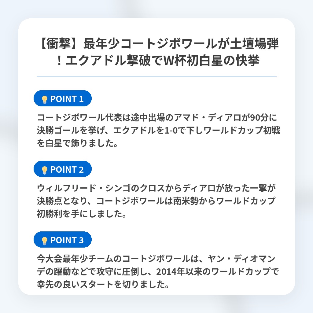 【衝撃】最年少コートジボワールが土壇場弾!エクアドル撃破でW杯初白星の快挙の注目ポイントまとめ