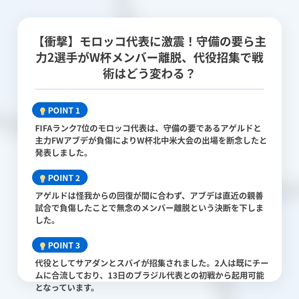 【衝撃】モロッコ代表に激震!守備の要ら主力2選手がW杯メンバー離脱、代役招集で戦術はどう変わる?の注目ポイントまとめ