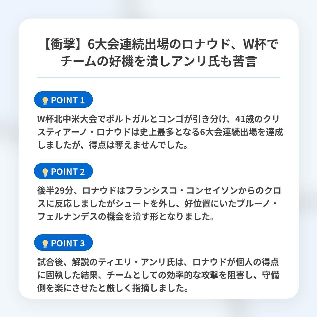 【衝撃】6大会連続出場のロナウド、W杯でチームの好機を潰しアンリ氏も苦言の注目ポイントまとめ