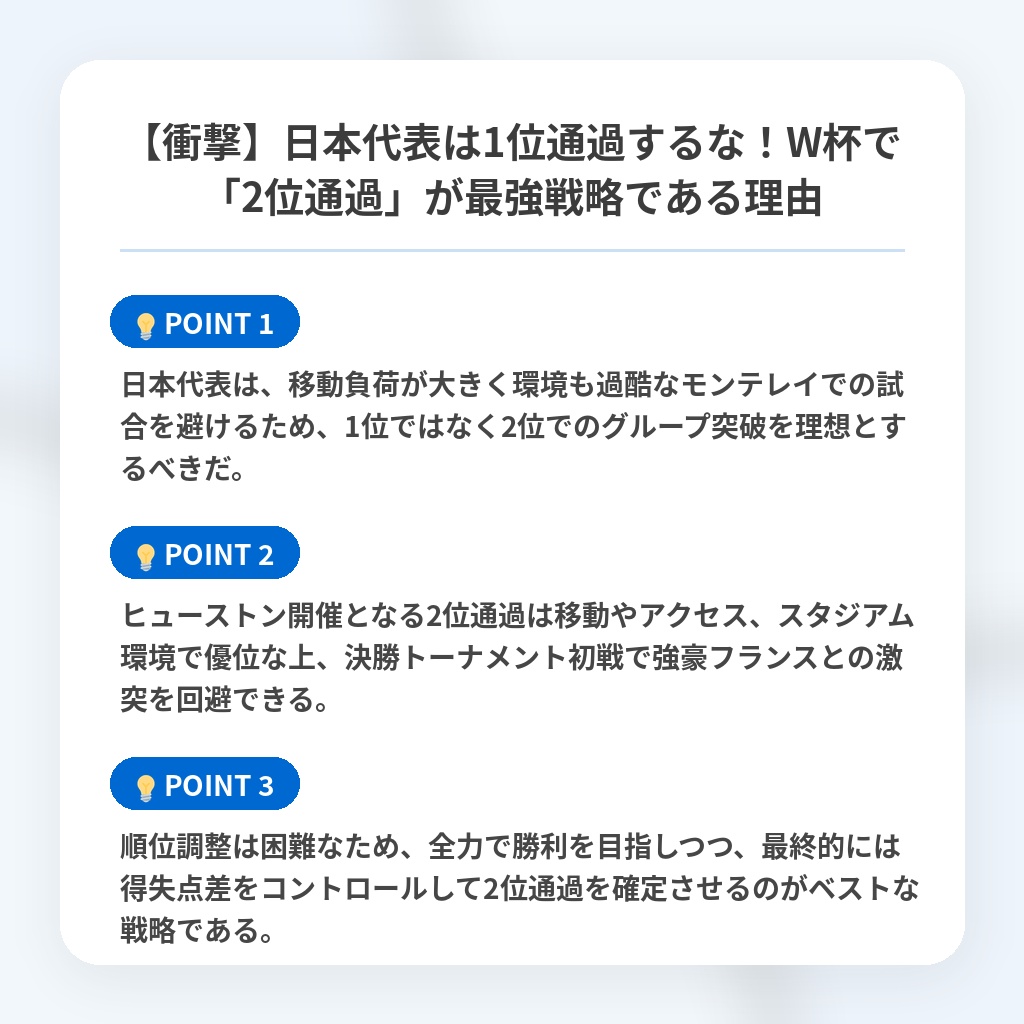 【衝撃】日本代表は1位通過するな！W杯で「2位通過」が最強戦略である理由の注目ポイントまとめ