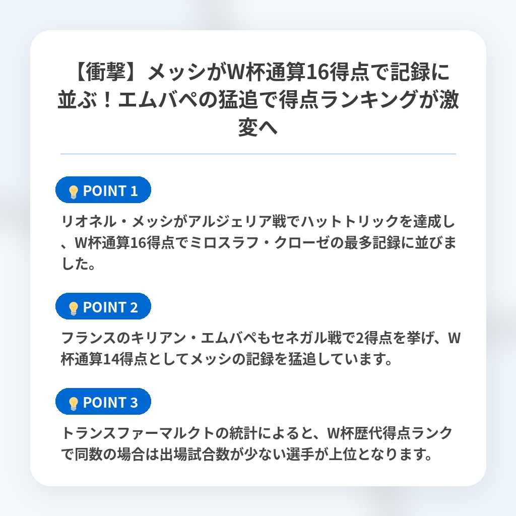 【衝撃】メッシがW杯通算16得点で記録に並ぶ！エムバペの猛追で得点ランキングが激変への注目ポイントまとめ