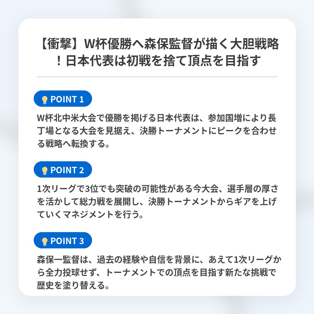 【衝撃】W杯優勝へ森保監督が描く大胆戦略！日本代表は初戦を捨て頂点を目指すの注目ポイントまとめ