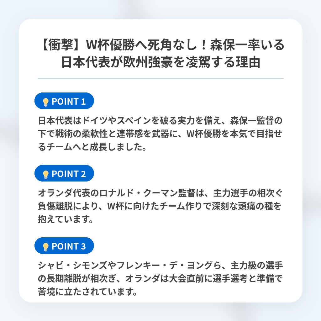 【衝撃】W杯優勝へ死角なし!森保一率いる日本代表が欧州強豪を凌駕する理由の注目ポイントまとめ