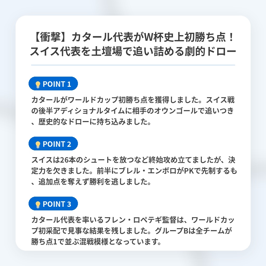 【衝撃】カタール代表がW杯史上初勝ち点!スイス代表を土壇場で追い詰める劇的ドローの注目ポイントまとめ