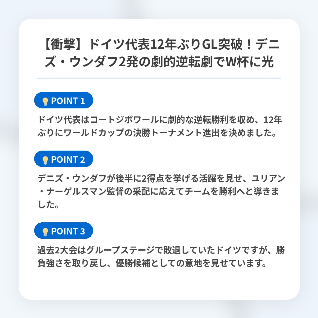 【衝撃】ドイツ代表12年ぶりGL突破!デニズ・ウンダフ2発の劇的逆転劇でW杯に光の注目ポイントまとめ
