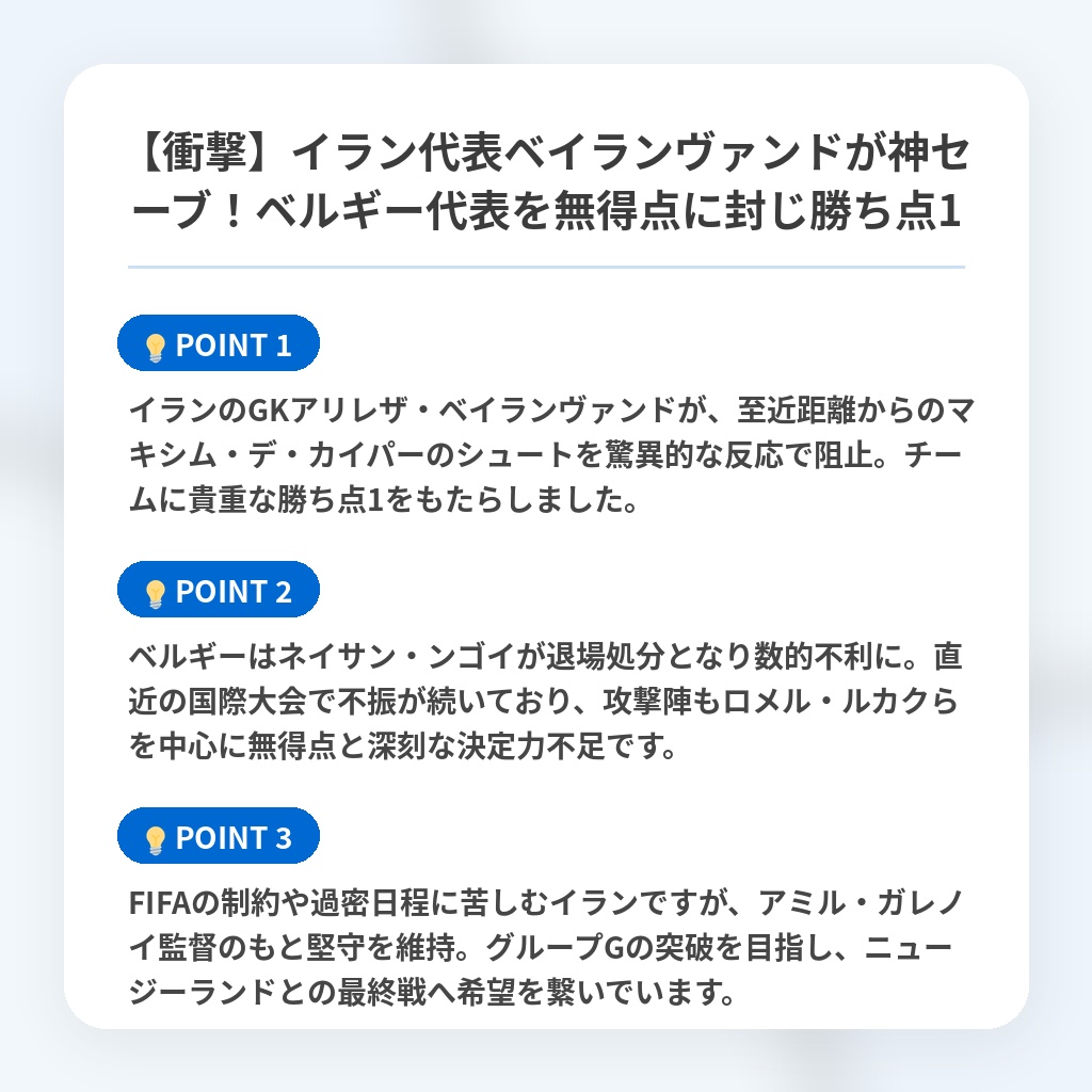 【衝撃】イラン代表ベイランヴァンドが神セーブ！ベルギー代表を無得点に封じ勝ち点1の注目ポイントまとめ