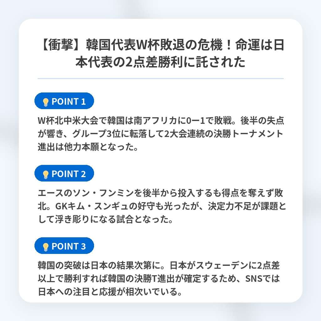 【衝撃】韓国代表W杯敗退の危機！命運は日本代表の2点差勝利に託されたの注目ポイントまとめ