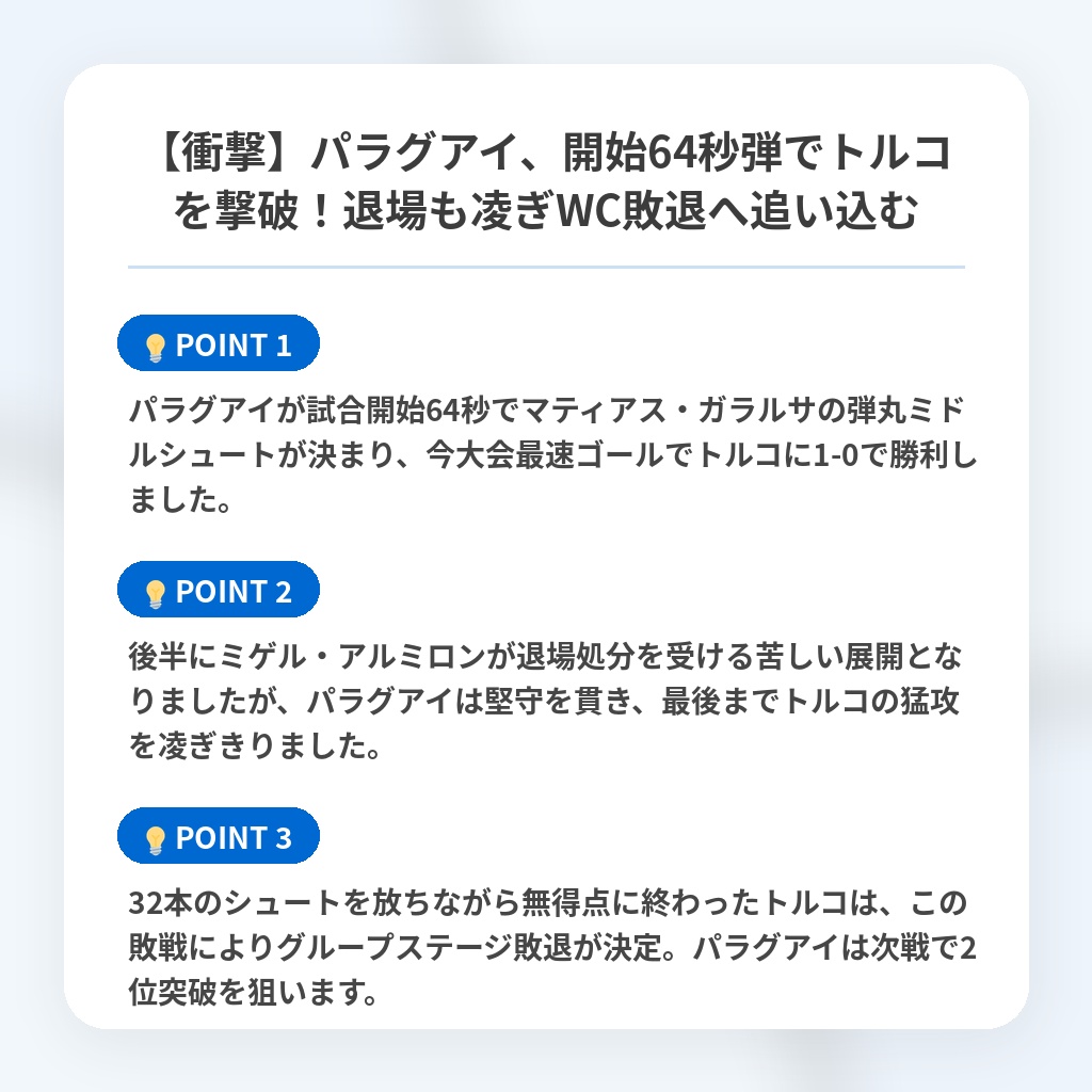 【衝撃】パラグアイ、開始64秒弾でトルコを撃破!退場も凌ぎWC敗退へ追い込むの注目ポイントまとめ