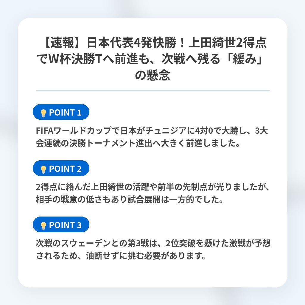 【速報】日本代表4発快勝!上田綺世2得点でW杯決勝Tへ前進も、次戦へ残る「緩み」の懸念の注目ポイントまとめ