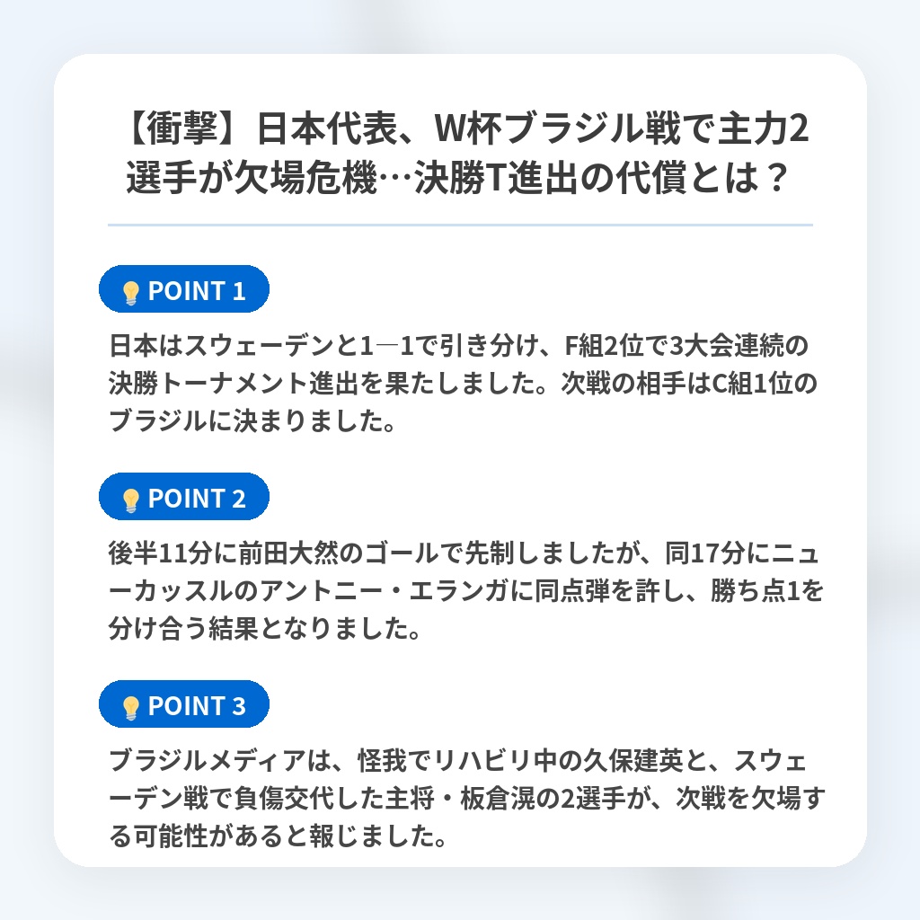 【衝撃】日本代表、W杯ブラジル戦で主力2選手が欠場危機…決勝T進出の代償とは？の注目ポイントまとめ