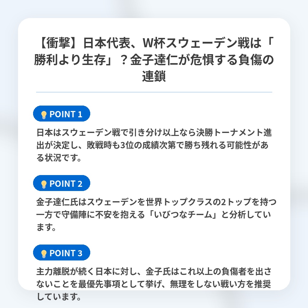 【衝撃】日本代表、W杯スウェーデン戦は「勝利より生存」？金子達仁が危惧する負傷の連鎖の注目ポイントまとめ