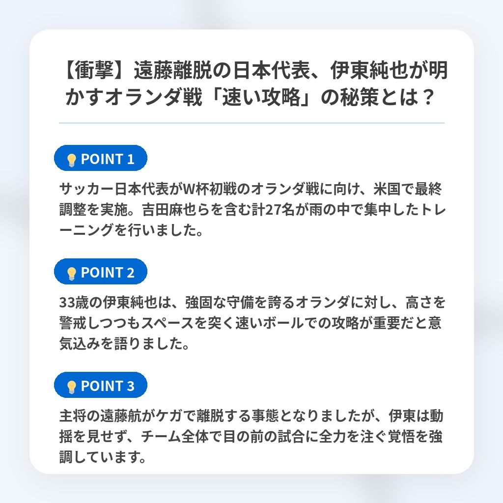 【衝撃】遠藤離脱の日本代表、伊東純也が明かすオランダ戦「速い攻略」の秘策とは?の注目ポイントまとめ