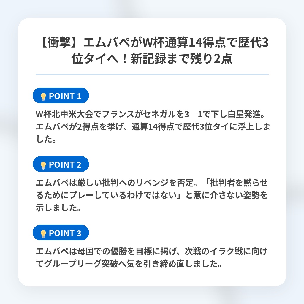 【衝撃】エムバペがW杯通算14得点で歴代3位タイへ!新記録まで残り2点の注目ポイントまとめ