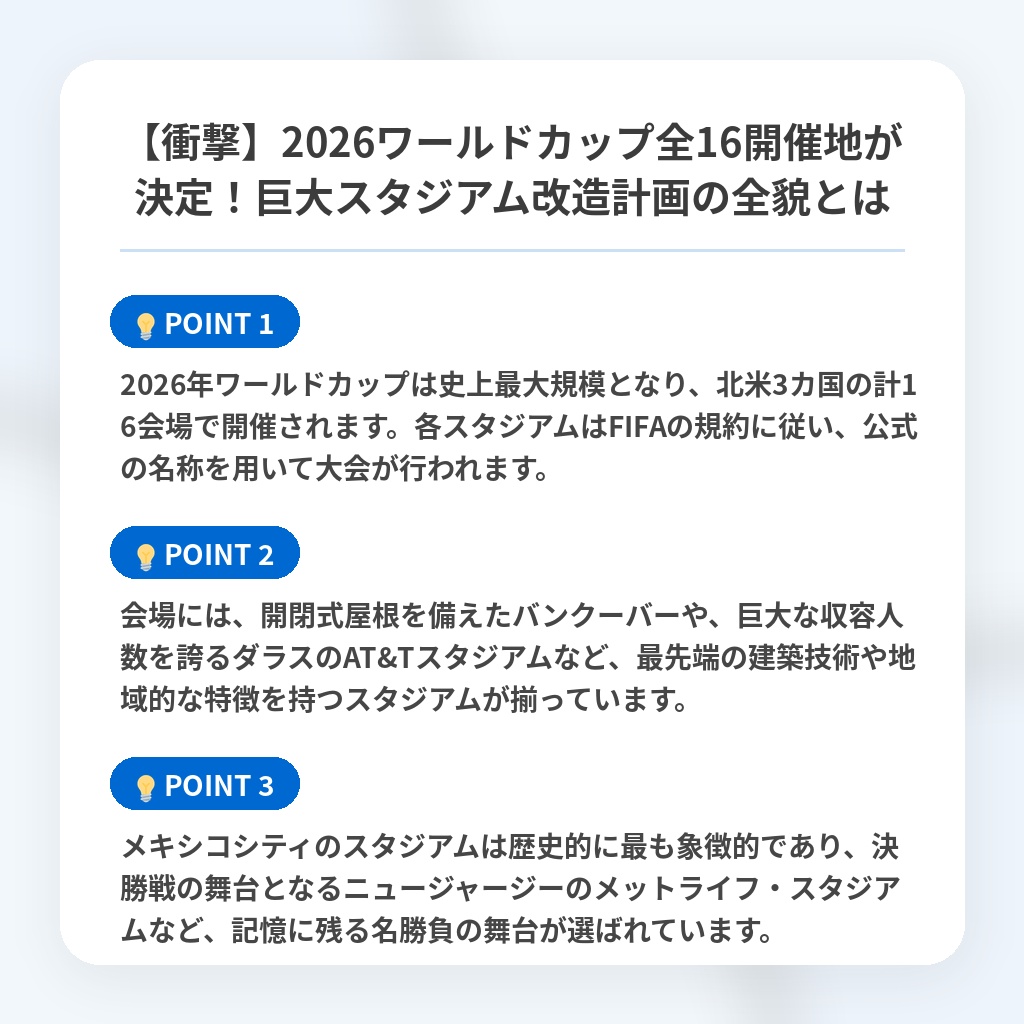 【衝撃】2026ワールドカップ全16開催地が決定!巨大スタジアム改造計画の全貌とはの注目ポイントまとめ