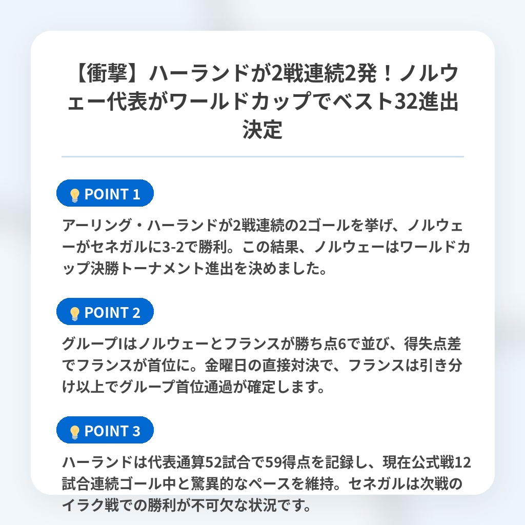 【衝撃】ハーランドが2戦連続2発!ノルウェー代表がワールドカップでベスト32進出決定の注目ポイントまとめ
