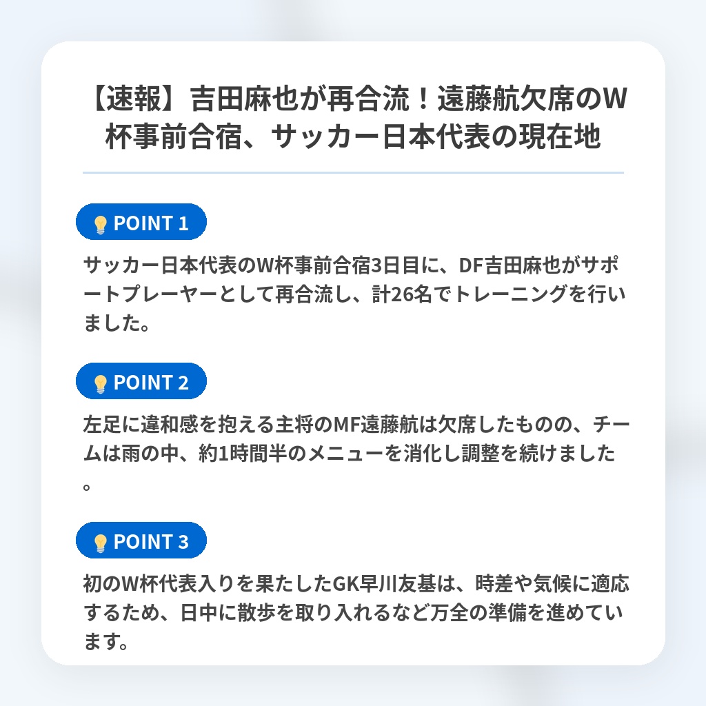 【速報】吉田麻也が再合流!遠藤航欠席のW杯事前合宿、サッカー日本代表の現在地の注目ポイントまとめ