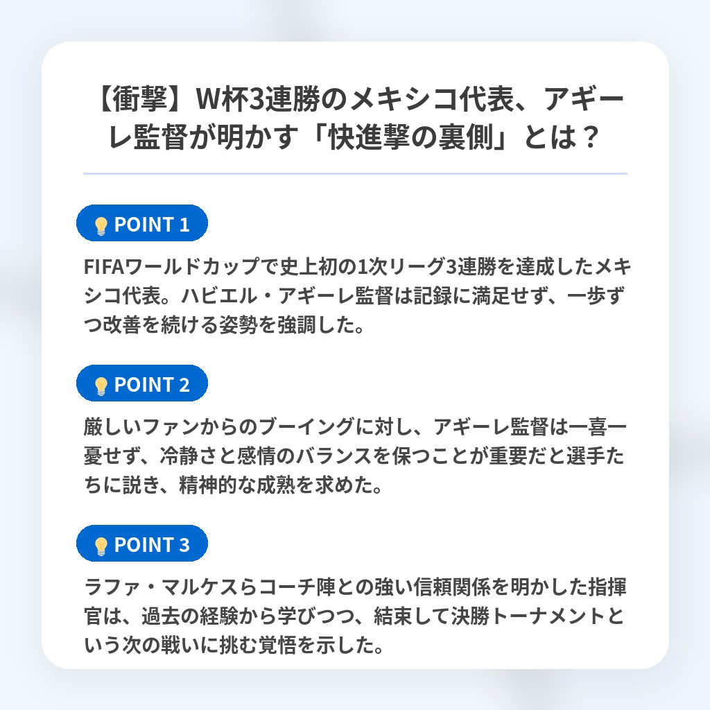 【衝撃】W杯3連勝のメキシコ代表、アギーレ監督が明かす「快進撃の裏側」とは？の注目ポイントまとめ