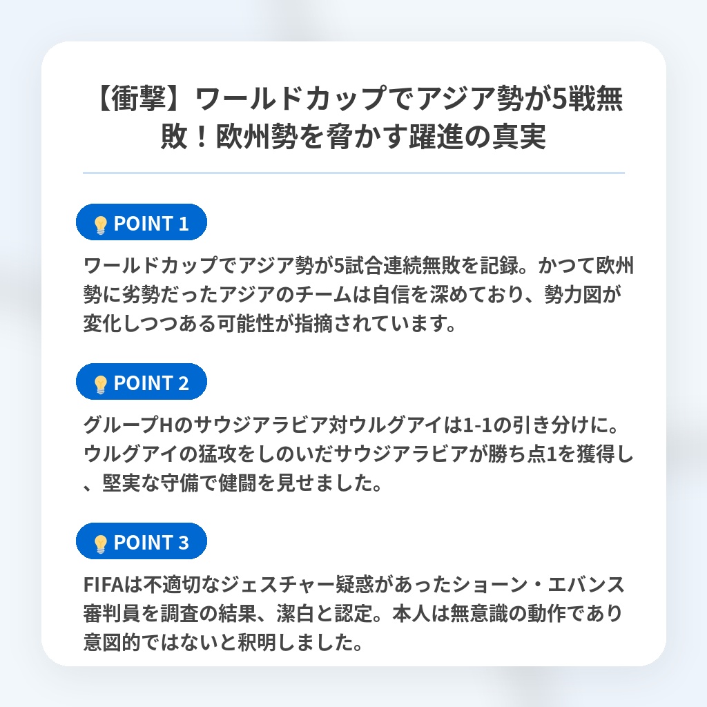 【衝撃】ワールドカップでアジア勢が5戦無敗!欧州勢を脅かす躍進の真実の注目ポイントまとめ