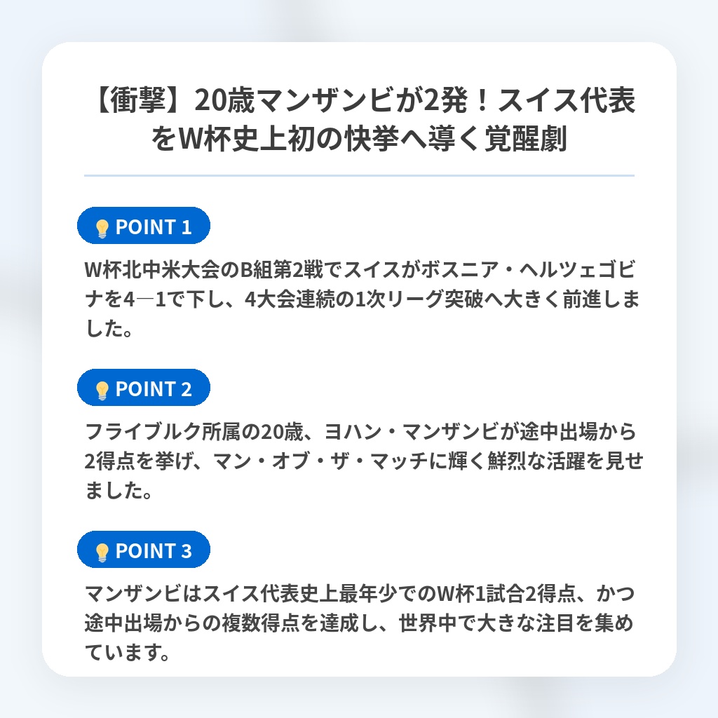 【衝撃】20歳マンザンビが2発!スイス代表をW杯史上初の快挙へ導く覚醒劇の注目ポイントまとめ