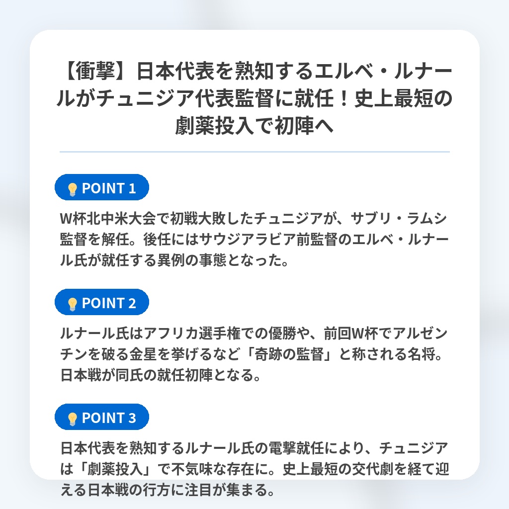【衝撃】日本代表を熟知するエルベ・ルナールがチュニジア代表監督に就任！史上最短の劇薬投入で初陣への注目ポイントまとめ