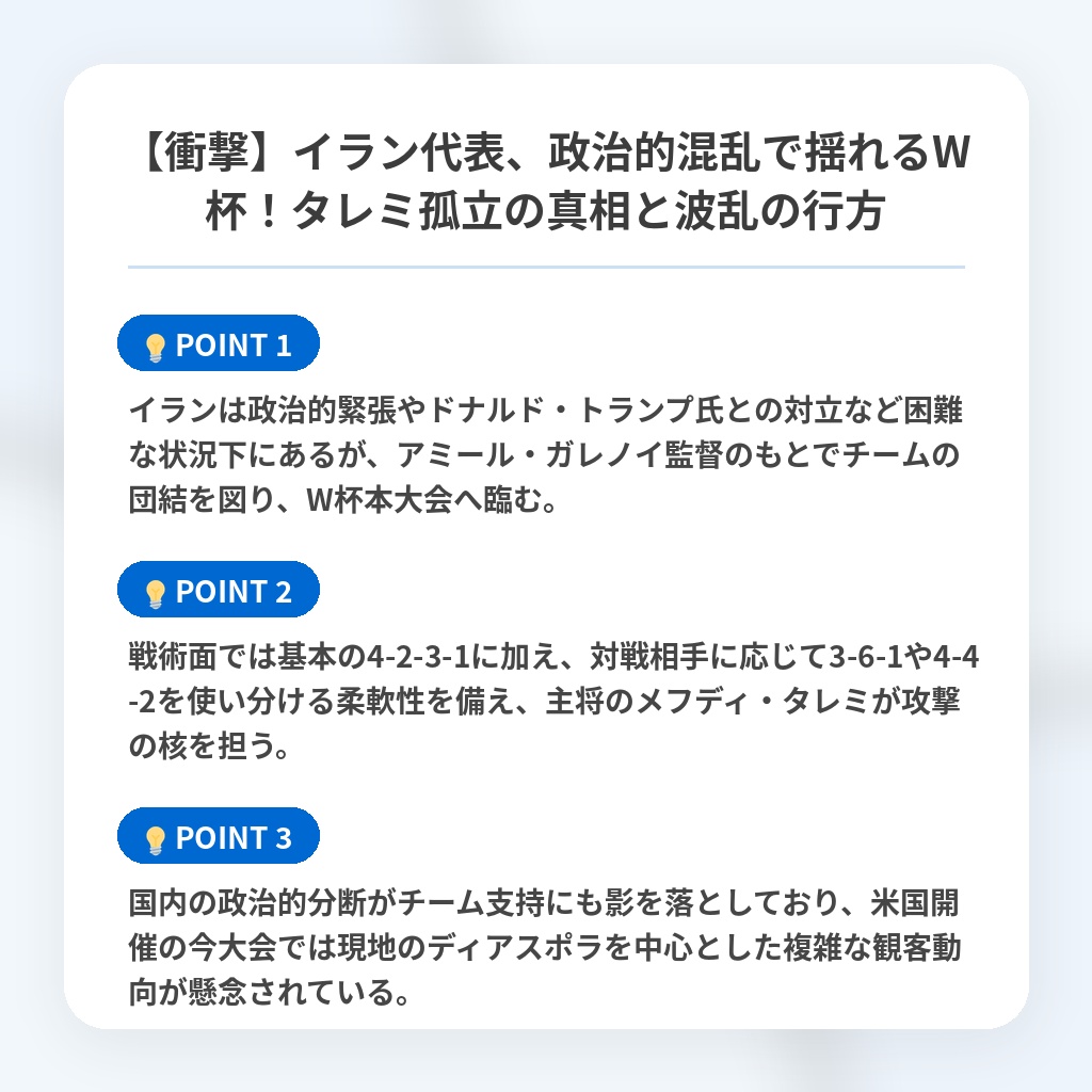 【衝撃】イラン代表、政治的混乱で揺れるW杯！タレミ孤立の真相と波乱の行方の注目ポイントまとめ