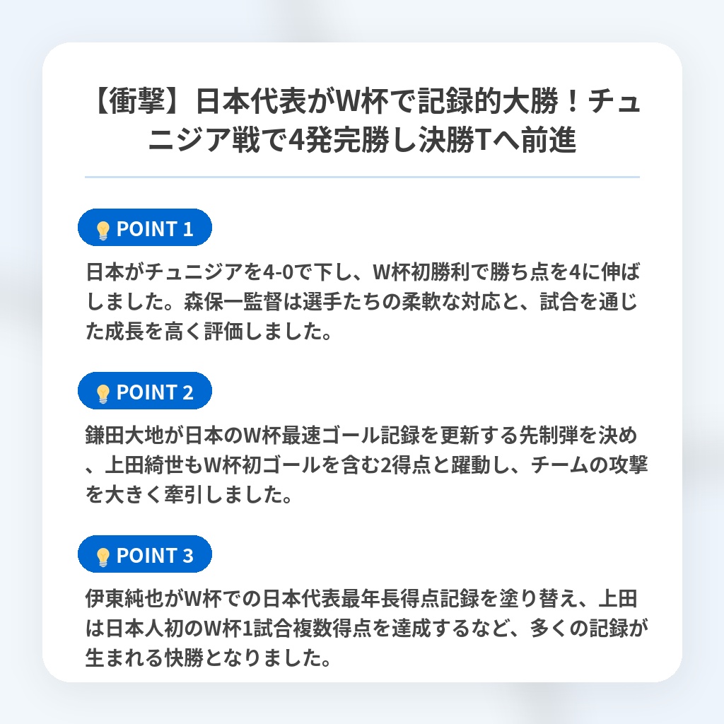 【衝撃】日本代表がW杯で記録的大勝!チュニジア戦で4発完勝し決勝Tへ前進の注目ポイントまとめ