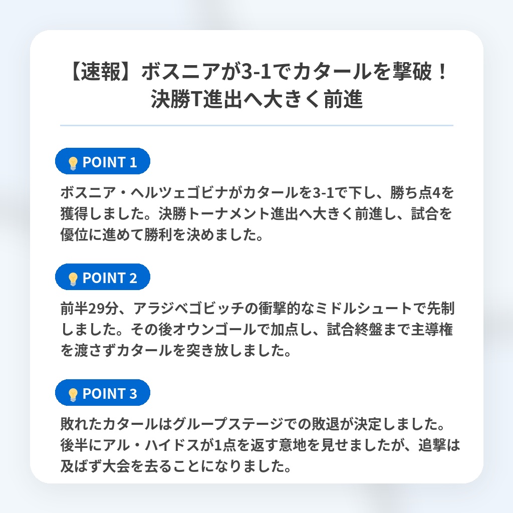 【速報】ボスニアが3-1でカタールを撃破！決勝T進出へ大きく前進の注目ポイントまとめ
