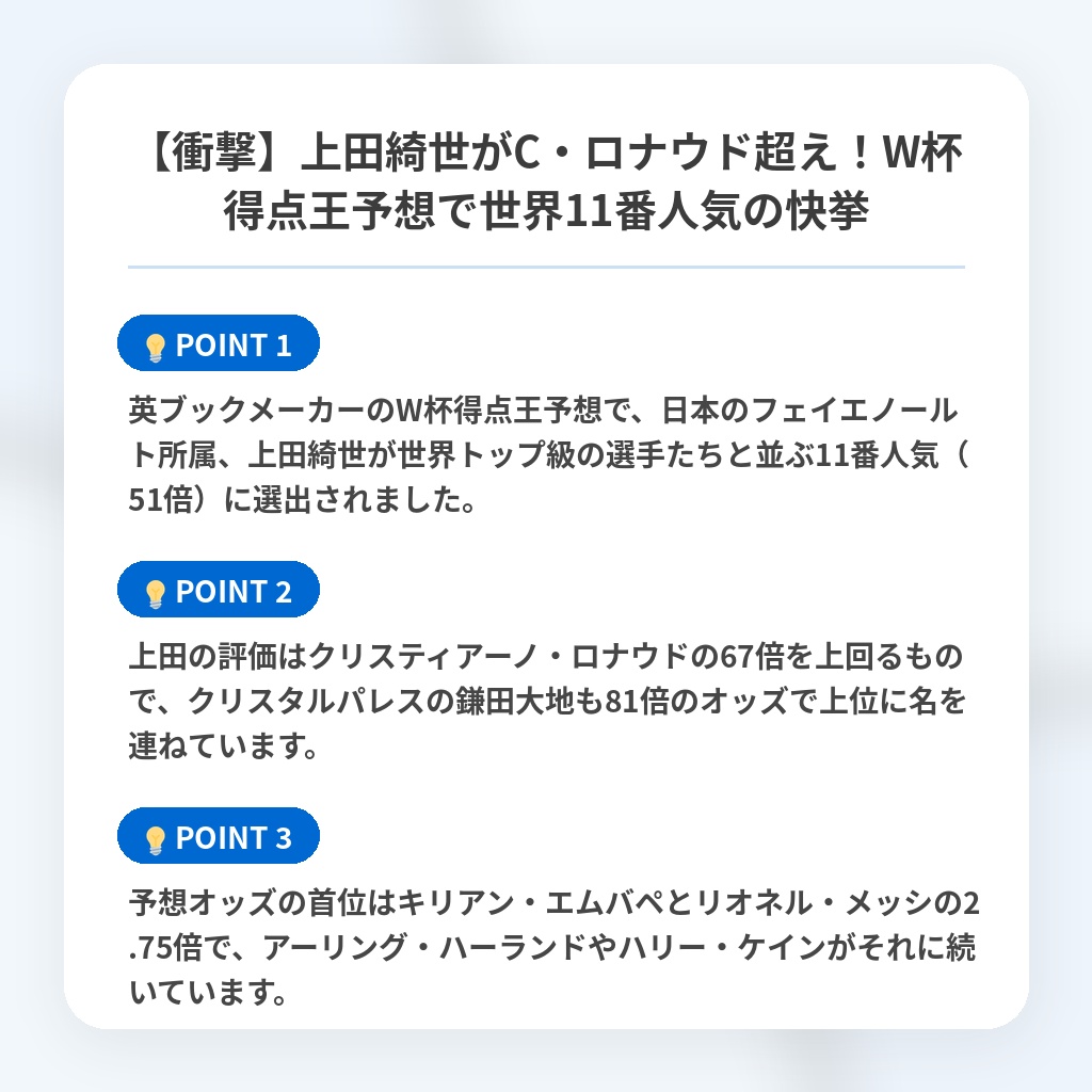 【衝撃】上田綺世がC・ロナウド超え！W杯得点王予想で世界11番人気の快挙の注目ポイントまとめ
