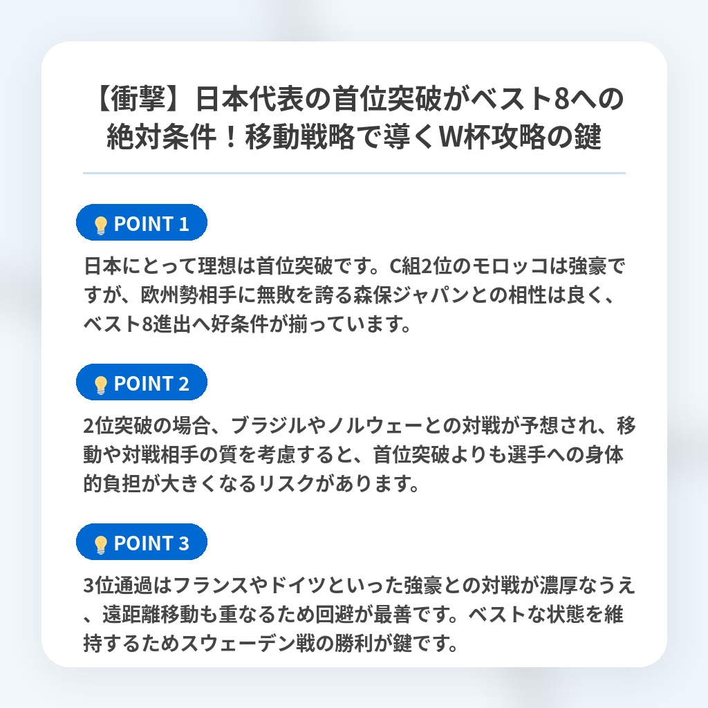 【衝撃】日本代表の首位突破がベスト8への絶対条件!移動戦略で導くW杯攻略の鍵の注目ポイントまとめ