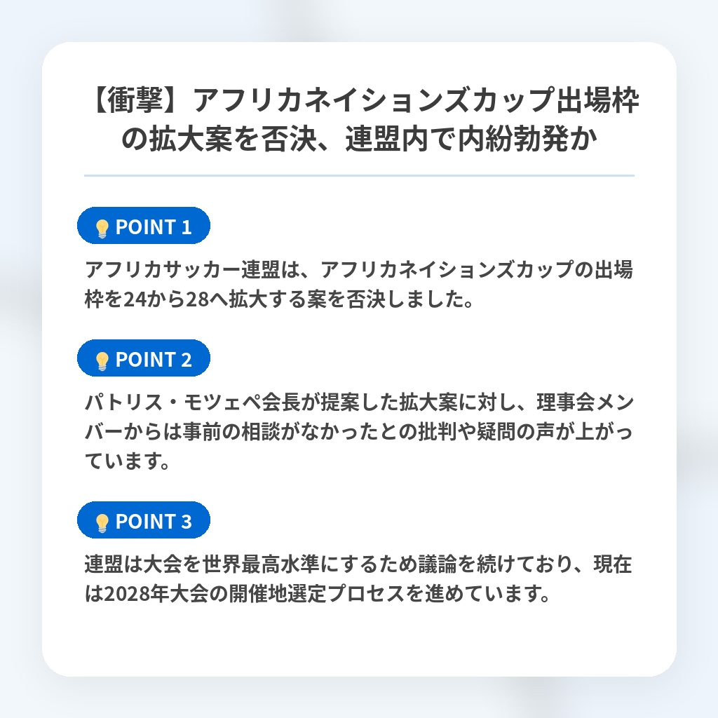 【衝撃】アフリカネイションズカップ出場枠の拡大案を否決、連盟内で内紛勃発かの注目ポイントまとめ