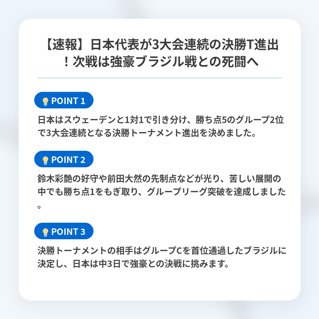 【速報】日本代表が3大会連続の決勝T進出！次戦は強豪ブラジル戦との死闘への注目ポイントまとめ