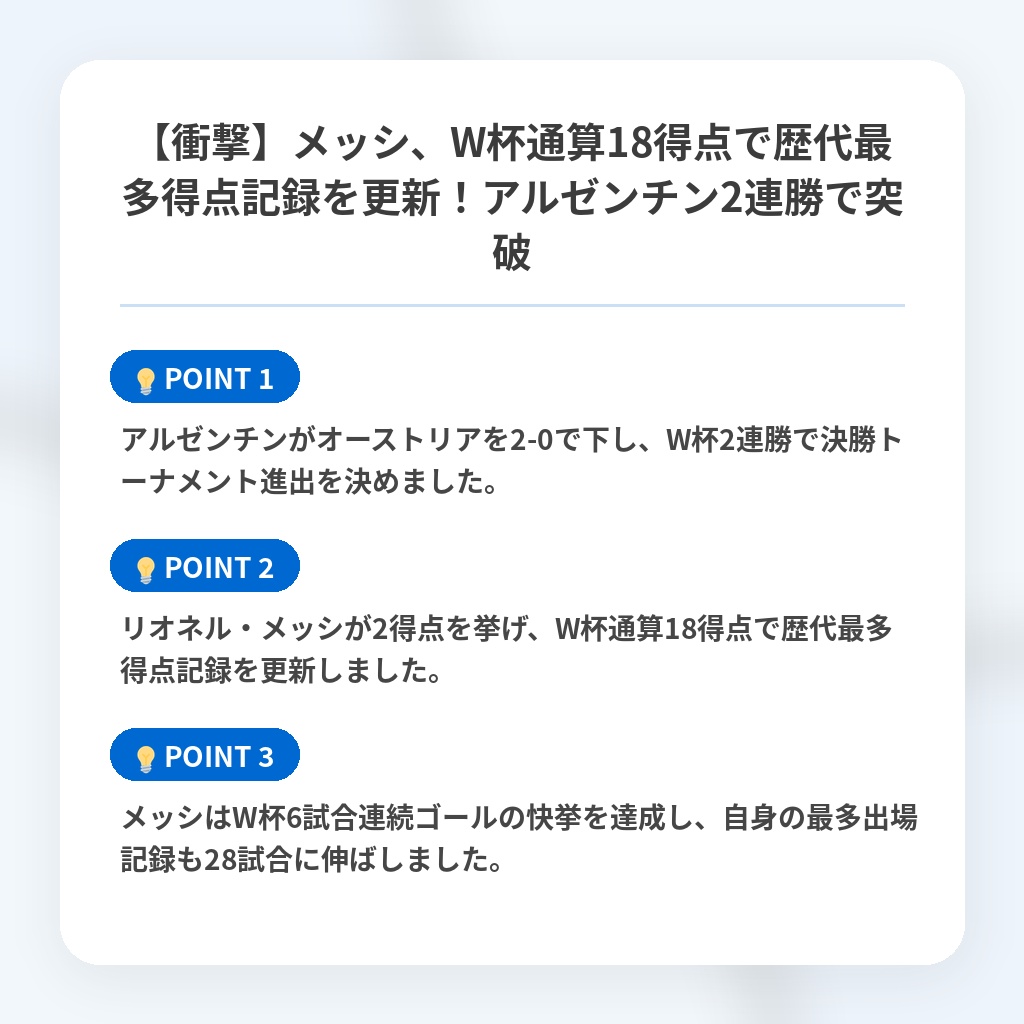 【衝撃】メッシ、W杯通算18得点で歴代最多得点記録を更新!アルゼンチン2連勝で突破の注目ポイントまとめ