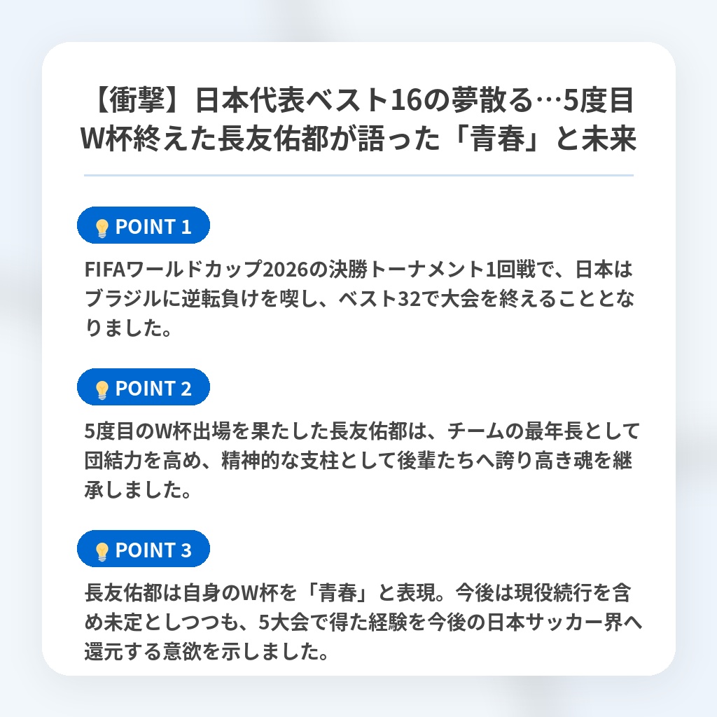 【衝撃】日本代表ベスト16の夢散る…5度目W杯終えた長友佑都が語った「青春」と未来の注目ポイントまとめ